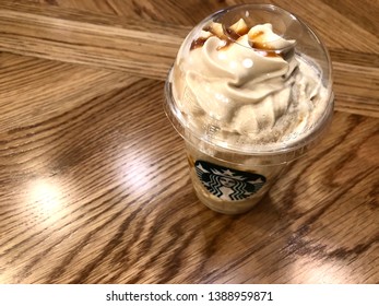 27 April 2019; Bangkok Thailand: Top View Of Dark Caramel Coffee Frappuccino At Starbucks Coffee Shop