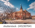 27 January 2024, Subotica, Serbia: famous town hall as a symbol of the city history and architectural heritage, with its red facade and elegant clock tower drawing visitors and tourists