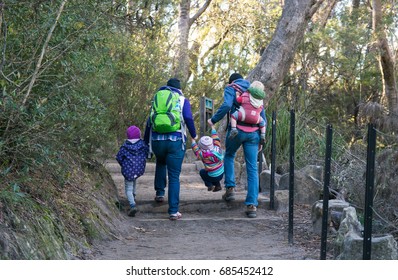 27 July 2017, Blue Mountain, Sydney Australia, A Family, Parents And Children Go For A Walk And Climb The Mountain In Winter 