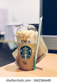 27 July 2019, Sungai Buloh Selangor - Cup Coffee Of Starbucks, Flavor Dark Caramel Frappuccino On Table.