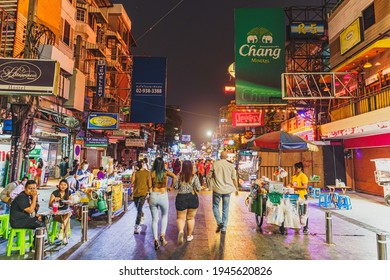 27 March  2021, Khao San Road Is An Alley Important Tourist Attractions After The COVID Outbreakat Night, Bangkok Thailand