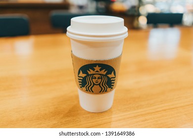 28 April 2019; Bangkok Thailand: Top View Of Starbucks Take Away Hot Coffee At Starbucks Coffee Shop.