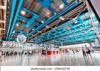 28 July 2019, Paris, France: Tourists inside of The Pompidou Centre of modern art