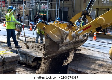 28 July 2021 NewYork NY USA: Road Works In Manhattan, New York City With Workers On A Road Construction, Repairing The Road