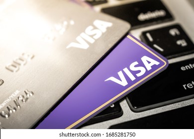 28 March 2019: Ratchaburi Visa card on a Computer 