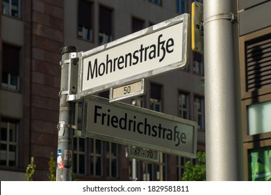 28/09/2020 Berlin, Germany. Street sign of the intersection between Mohrenstrasse and Friedrichstrasse in Berlin, Germany. Mohrenstrasse will change his name due to the racist origin of its name