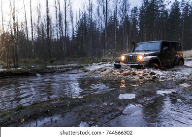 28.10.2017. Arkhangelsk tract. Leningrad region. Russia. check out offroad in a jeep Wrangler. Wrangler is a compact SUV manufactured by Chrysler