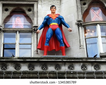 28th January 2019, Dublin, Ireland. Waxwork of Superman on building window ledge in Dublin City Centre.