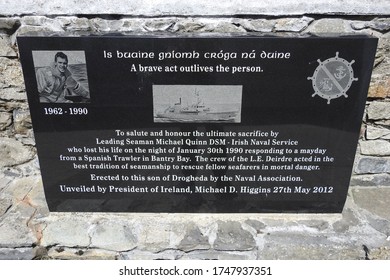 28th May 2020, Drogheda, County Louth, Ireland. Plaque Erected On Wall Next To River Boyne To Salute Drogheda Seaman Michael Quinn Of L. E Deirdre, Who Died Trying To Rescue A Spanish Trawler In 1990 