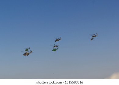 29 AUGUST 2019 MOSCOW, RUSSIA: Several Military Helicopters Flying In The Summer Sky