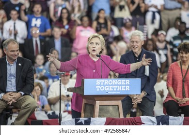 29 July 2016 - Philadelphia,PA - Secretary Hillary Clinton Democratic Presidential Nominee Rally In Philadelphia (l-r Tim Kaine, Hillary Cinton, Bill Clnton & Anne Holton). 