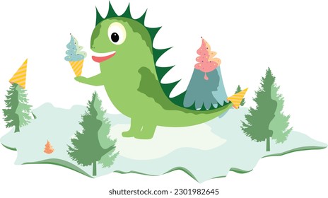 2D animation cute dinosaur eating ice cream and an ice theme jpg
