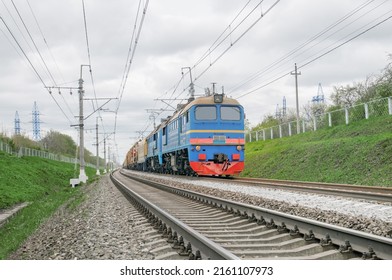 2M62 Soviet Diesel Locomotive With Service Train, Repair Work On Railroad. Railway Line, Powerful Loco