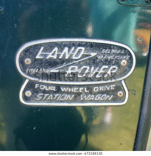 2nd July 2017- The name badge\
on a Land Rover Station Wagon at a classic car show in Pembrey\
Coyntry Park near Llanelli, Carmarthenshire, Wales,\
UK.