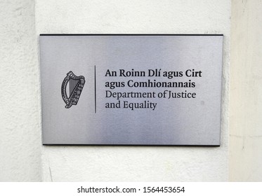 2nd October 2019, Dublin, Ireland.  Department of Justice and Equality metal sign in English and translated into the Irish language outside their office on St Stephens Green.