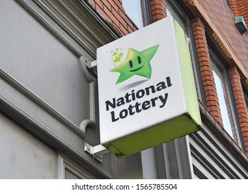 2nd October 2019, Dublin, Ireland. An Irish National Lottery External Wall Sign Outside A Newsagent In Dublin City Centre. 