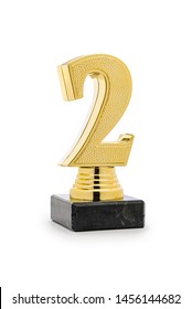 2nd Place Winners Gold Trophy With Gold Number Two Mounted On A Base Isolated On White With Copy Space