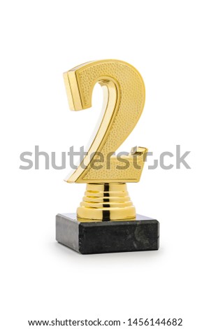 2nd place winners gold trophy with gold number two mounted on a base isolated on white with copy space