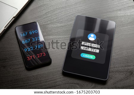 2-step authentication, two steps Verification SMS code password concept. 2FA Secure and reliable access to the network. Smart phone with special soft and tablet PC with login form vector illustration