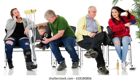 3 Adults, A Teen, And A Toddler In Waiting Room Chairs. May Be A Doctor's Office At The License Bureau, A Welfare Office, Or Other Public Waiting Area.  On A White Background.