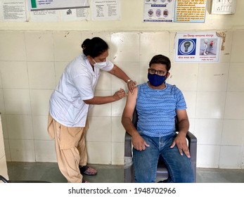 3 April 2021. Aurangabad, Maharashtra, India. Indian Boy Taking Covid 19 Coronavirus Vaccine Second Dose In Government Hospital. Currently Vaccination Is At Its Peak All Over The World.