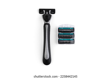 3 blades system razor with replaceable cartridges isolated on white background.