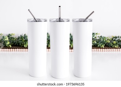3 blank white 20oz skinny tumblers on white background, full wrap, sublimation drinkware mockup