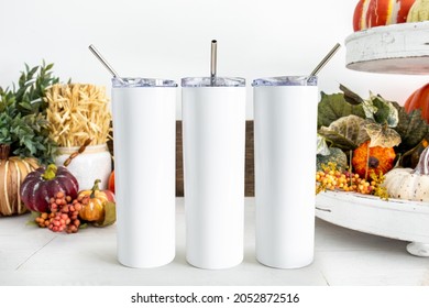 3 blank white skinny tumbler with fall decor, sublimation full wrap drinkware thanksgiving mockup