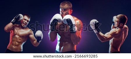 3 boxers boxing on dark background with copy space. Sport concept.
