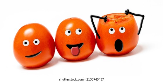3 cheerful anthropomorphic tomatoes with expressive faces on a white background