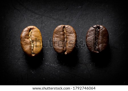 3 coffee beans of different toast in a black background