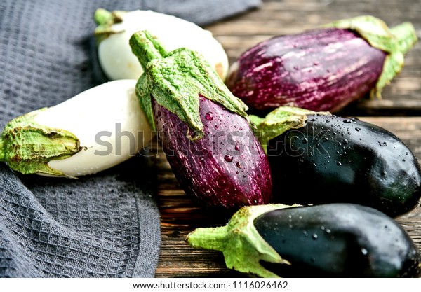 3 colorful mixed of Eggplant (Solanum\
melongena) or aubergine with water\
drop.