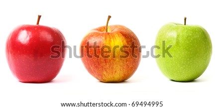 3 different colors apples on white background