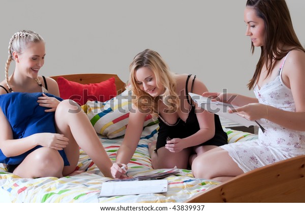 3 Friends Having Pajama Party Bedroom Stock Photo Edit Now