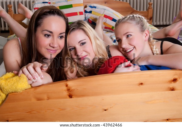 3 Friends Having Pyjama Party Bedroom Stock Photo Edit Now