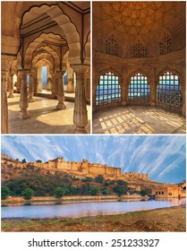 3 full size images collage.Amber fort panorama over the lake and interior, Jaipur, India