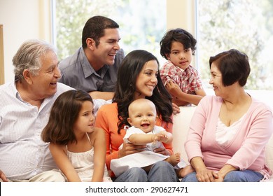 3 Generation Hispanic Family At Home