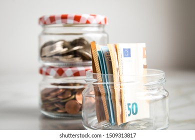 3 Glass Jars With Euro Notes, 2€ Coins And Loose Cash For Housekeeping And Savings