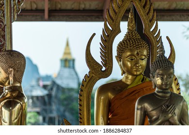 3 Golden Buddha statues in the temples in the sky Lampang Thailand