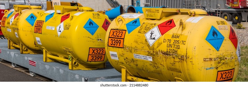 3 Hazmat Container Transport Vessels For A Liquid, Water-reactive, Flammable Organometallic Substance Over A Spill Protection Container UN Number 3399