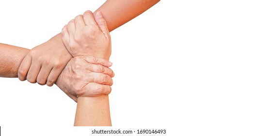 3 Human join hands together isolated on white background, collaboration of business and education teamwork concept
 - Shutterstock ID 1690146493
