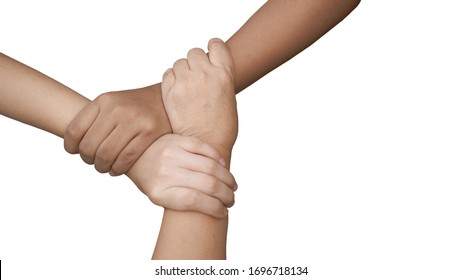 3 Human Join Hands Together Isolated On White Background, Collaboration Of Business And Education Teamwork Concept
