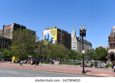 3 June 2019, Boston/USA: Boston Marathon Finish Line And Ads On Buildings At Copley Square, Boston, Massachusetts, USA.