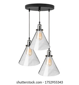 3 Light Modern Glass Cone Shaped With Silver Holder Cluster, Industrial Shade Hanging Light Pendant Ceiling Lamp Isolated