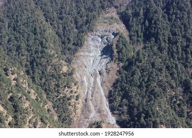 3 March 2021, Chamoli, Uttarakhand, India. View Of Landslide In A Forest In The Hills Of Himalaya. 