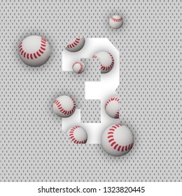 3 Number Three, Graphic White Digit And Creative Typography With White Balls On White Background. Baseball Balls. Baseball World Cup.