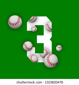 3 Number Three, Graphic White Digit And Creative Typography With White Balls On Green Background. Baseball Balls. Baseball World Cup.