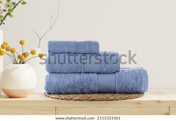 3 Piece Plush Bath Towels Set Isolated. Close-Up\
Shot Woven Terrycloth. Brand New Hotel  Spa Cotton Soft Beautiful\
Design Kitchen Towels. three Piece 100 Cotton Ultra Absorbent Terry\
Hand Towel\
 
