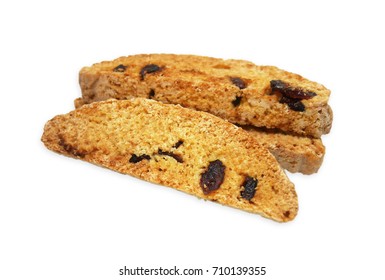 3 Pieces Of Dried Cranberry Biscotti On White Background. Biscotti Is A Traditional Hard And Dry Italian Style Cookie, Which Is Normally Eaten After Dunk In Coffee. Selective Focus With Clipping Path.