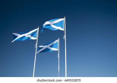 3 Scottish Saltire Flags On Flagpoles Blowing In The Wind